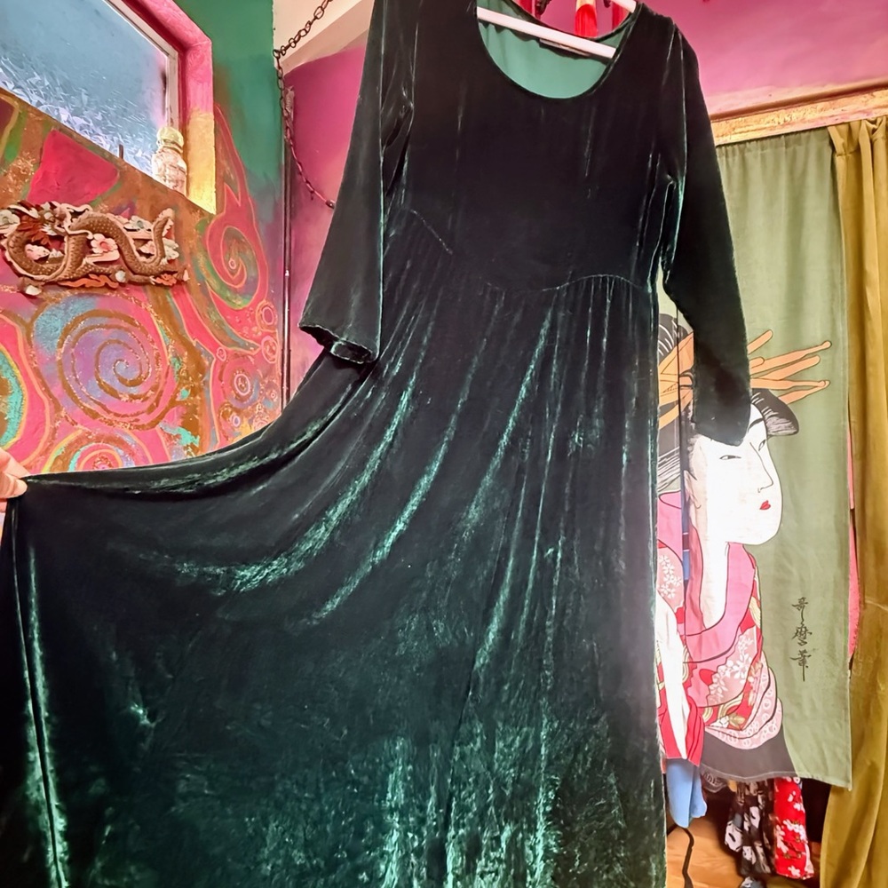 Luxurious vintage Autumn moon Velvet Long Sleeve Dress in Deep Green